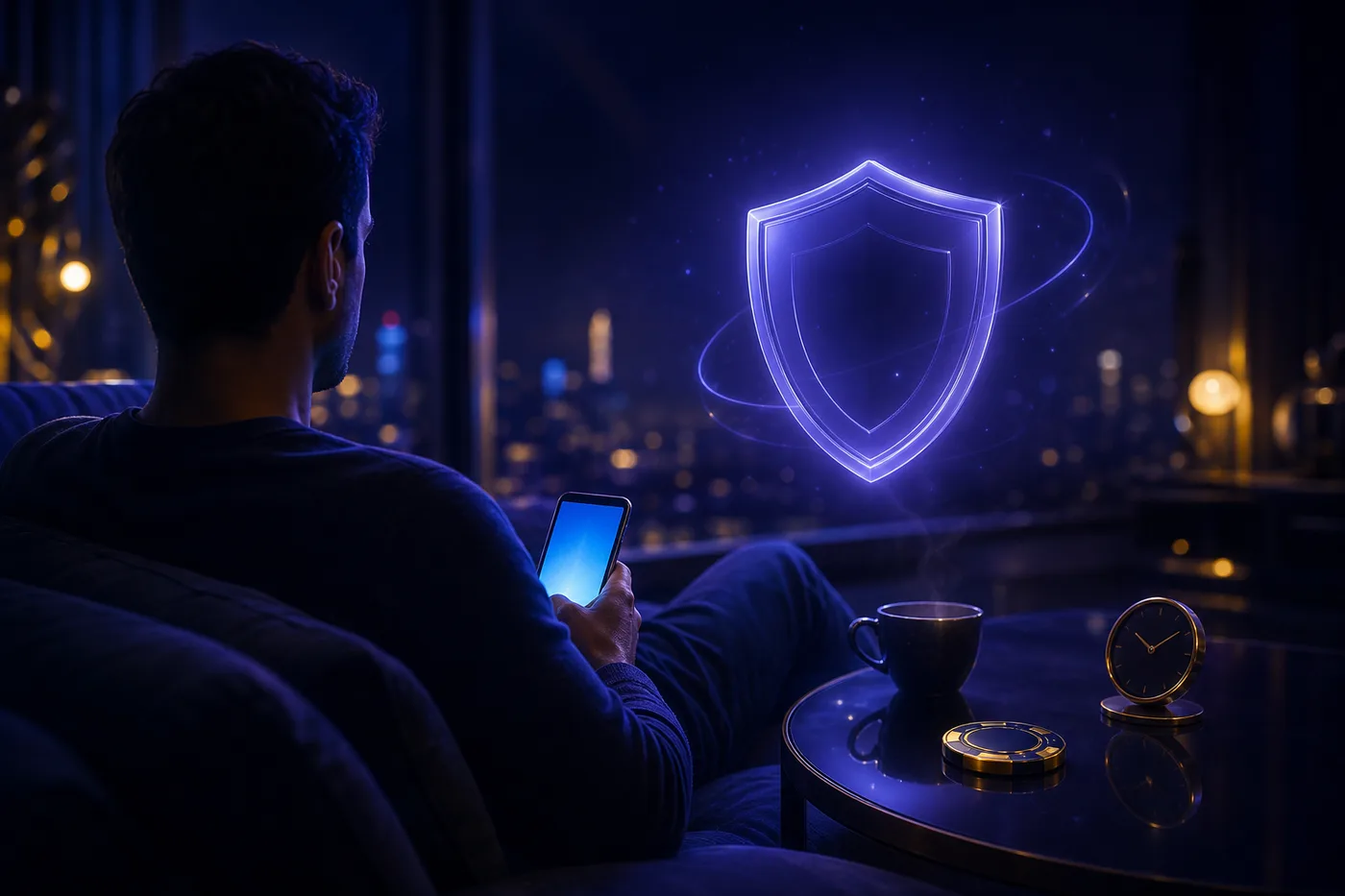 Persona relajada con su celular en casa, disfrutando del juego con moderación