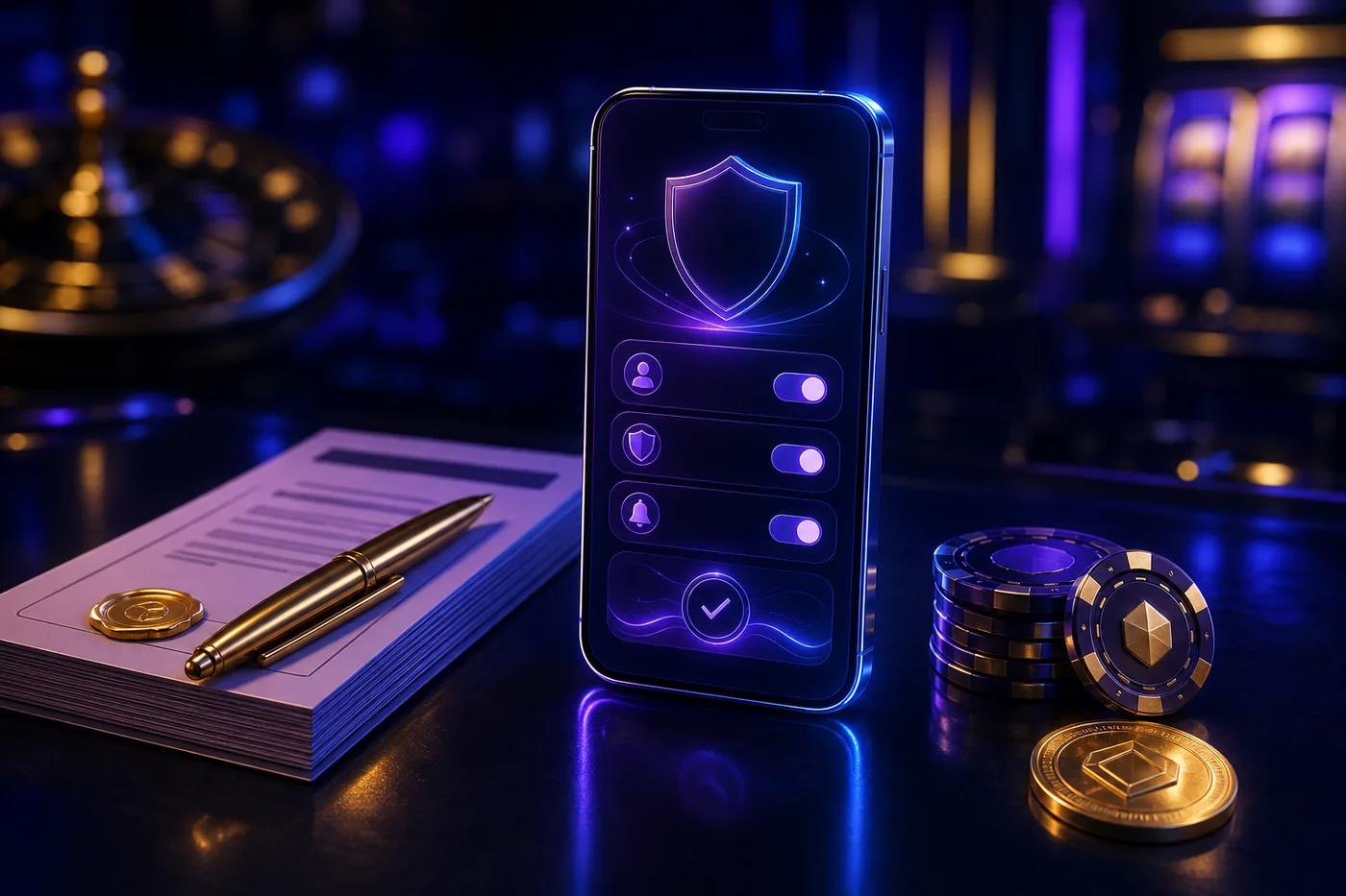 Dokument z regulaminem obok telefonu z otwartym kontem